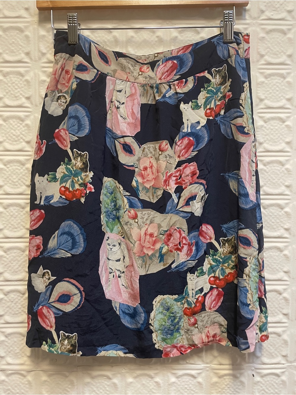 Navy Silk Floral & Cat Print Wrap Skirt - Picture 2 of 5